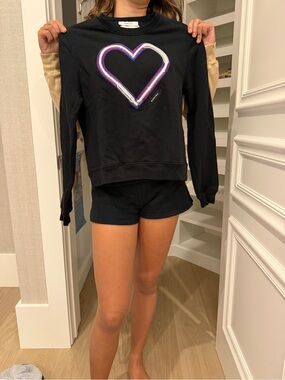 Carven Black Crewneck Sweatshirt with Purple & White Heart Motif